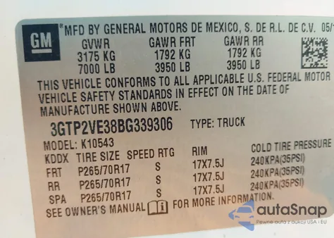 2011 GMC Sierra 1500 Sle из США, поврежденный, VIN 3GTP2VE38BG339306